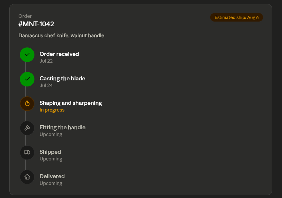 Craftline order status timeline showing an order moving through casting, shaping, handle fitting, shipping, and delivery